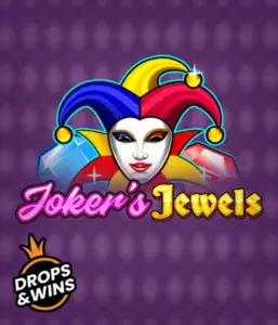 Enjoy the playful charm of Joker's Jewels slot by Pragmatic Play, showcasing a mesmerizing joker's mask decorated with a multicolored jester hat. This image evokes the fun and excitement of traditional joker games, set against a purple background. Ideal for casino game enthusiasts, promising a delightful play experience. 